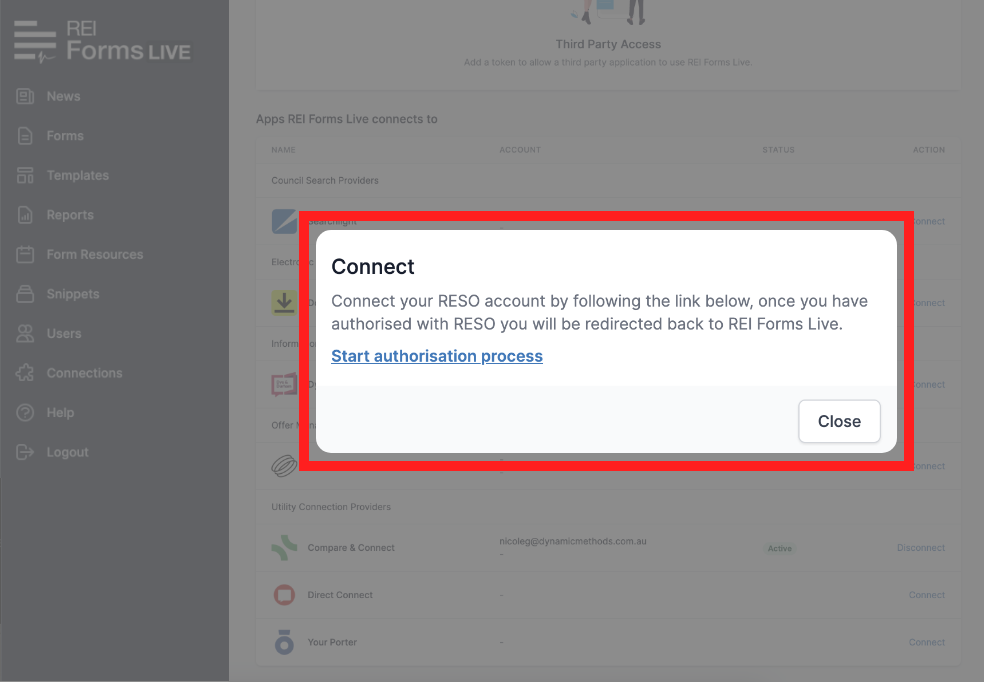 Connect RESO dialog box