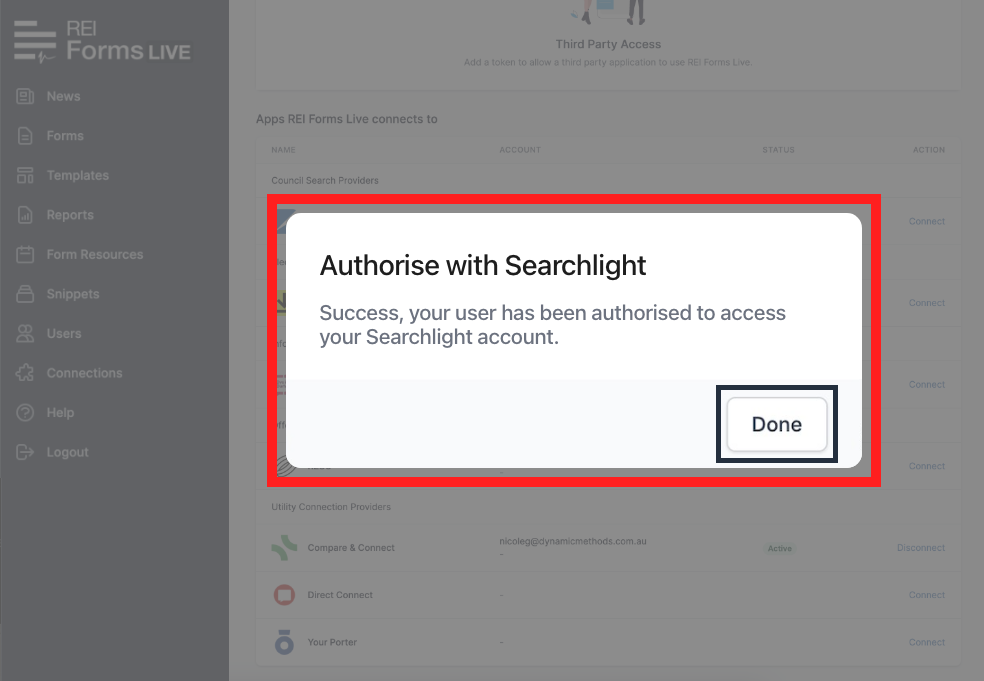 Connect Searchlight dialog box
