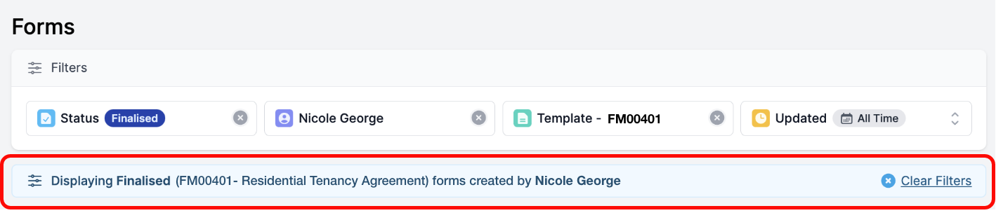 Forms Live - Forms Filters applied