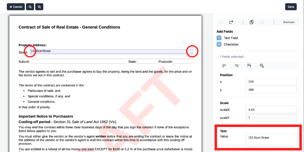 resizing the textbox field once placed within the PDF document