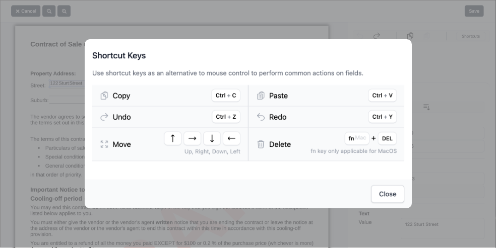 Shortcut Keys pop-up dialog box