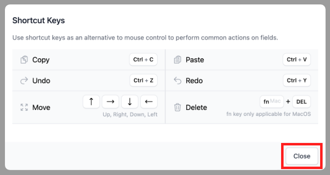 Shortcut Keys pop-up dialog box close