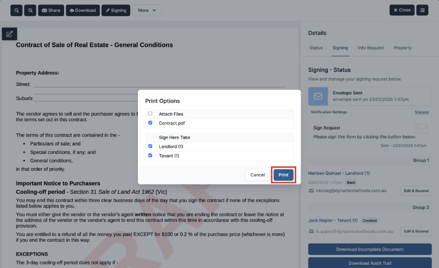 The Print Options pop-up to select files to download