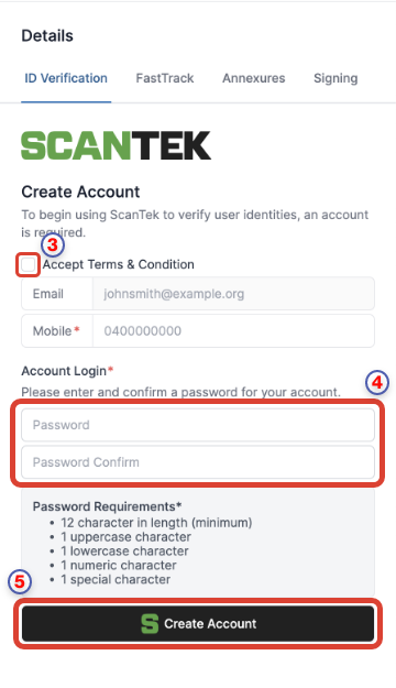 Scantek Create Account screen