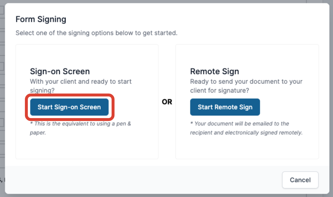 Start Sign-on Screen dialog